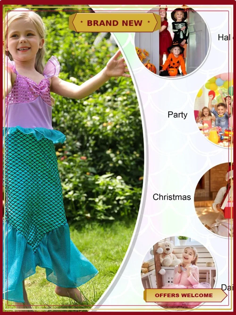 Girls Mermaid Princess Costume Dress Up with Red Wig Cosplay